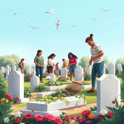 A serene scene depicting a group of people cleaning and tidying up a cemetery