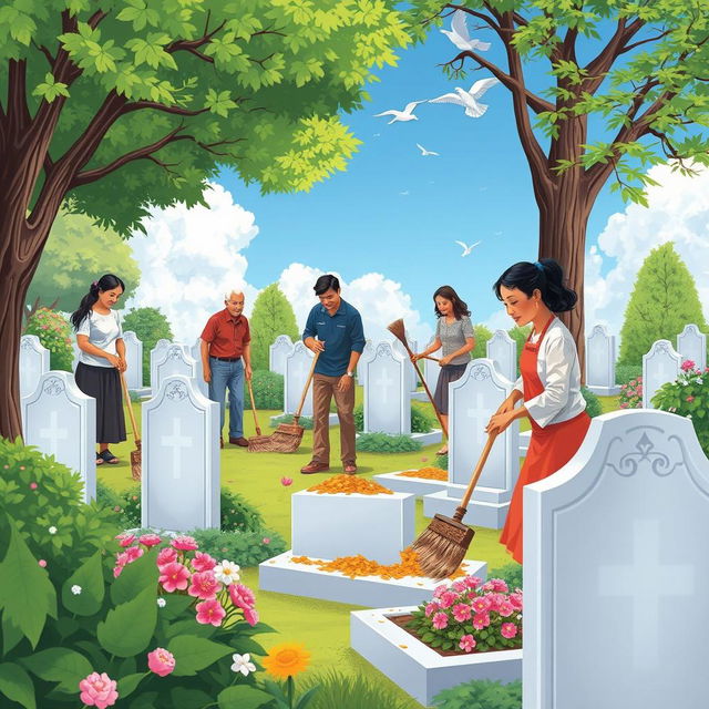 A serene scene depicting a group of people cleaning and tidying up a cemetery