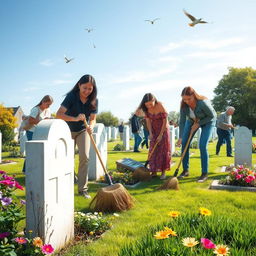A serene scene depicting a group of people cleaning and tidying up a cemetery