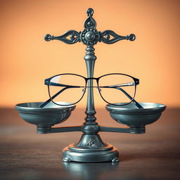 A creative and whimsical representation of a balance scale, delicately balanced with a pair of stylish eyeglasses resting on one side