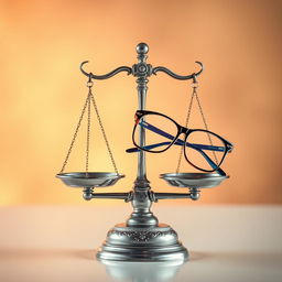 A creative and whimsical representation of a balance scale, delicately balanced with a pair of stylish eyeglasses resting on one side