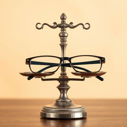A creative and whimsical representation of a balance scale, delicately balanced with a pair of stylish eyeglasses resting on one side