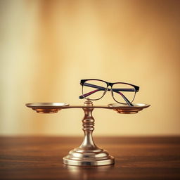 A creative and whimsical representation of a balance scale, delicately balanced with a pair of stylish eyeglasses resting on one side