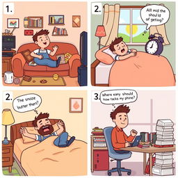 A series of four illustrated panels depicting a short story about laziness