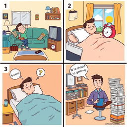 A series of four illustrated panels depicting a short story about laziness