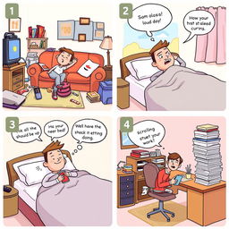 A series of four illustrated panels depicting a short story about laziness