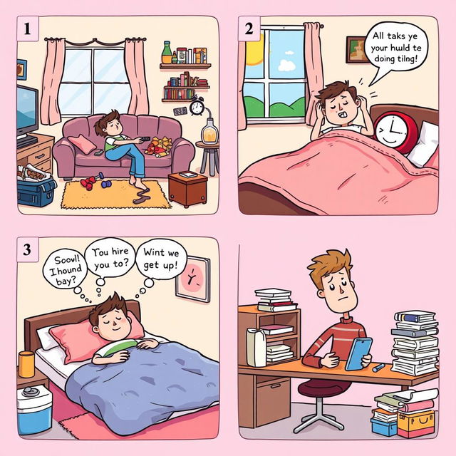 A series of four illustrated panels depicting a short story about laziness