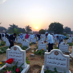 A peaceful scene of Muslim individuals cleaning a cemetery (kabristan) with great respect and care