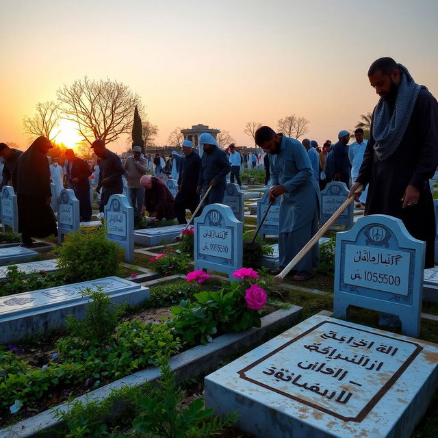 A peaceful scene of Muslim individuals cleaning a cemetery (kabristan) with great respect and care