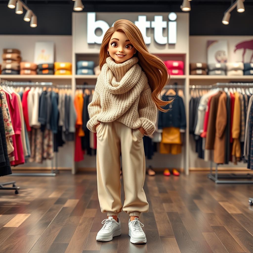 A large, beautiful cartoon model standing in a Batti clothing store