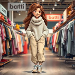 A large, beautiful cartoon model standing in a Batti clothing store