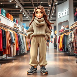 A large, beautiful cartoon model standing in a Batti clothing store