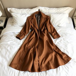A luxurious long coat elegantly draped on a pristine white bed