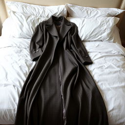 A luxurious long coat elegantly draped on a pristine white bed