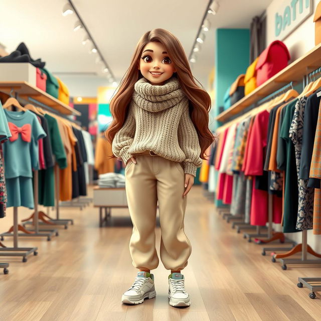 A large, beautiful cartoon model standing in a Batti clothing store