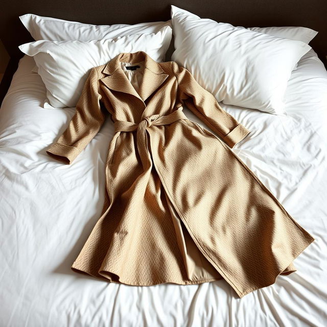 A luxurious long coat elegantly draped on a pristine white bed