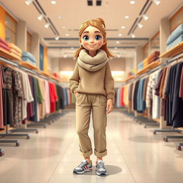 A beautiful, large cartoon model standing in the BATTI clothing store