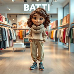 A beautiful, large cartoon model standing in the BATTI clothing store