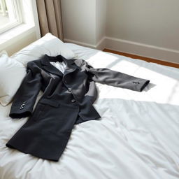 A stylish medium long coat for men casually lying on a soft, fluffy white bed