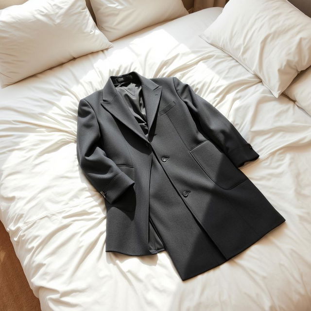 A stylish medium long coat for men casually lying on a soft, fluffy white bed