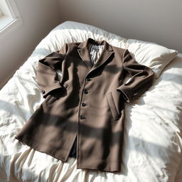 A stylish medium long coat for men casually lying on a soft, fluffy white bed