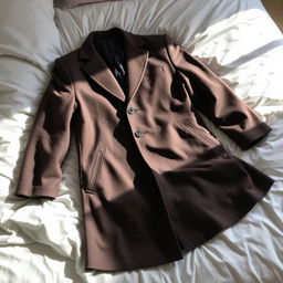 A stylish medium long coat for men casually lying on a soft, fluffy white bed