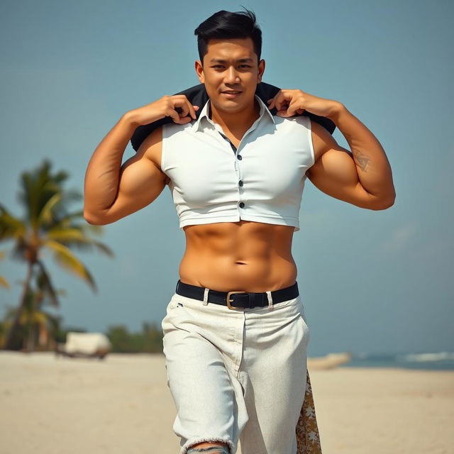 An Indonesian woman with a huge and muscular body, showcasing defined biceps and six-pack abs, is wearing a white button-up tight crop top and low-waist batik cloth