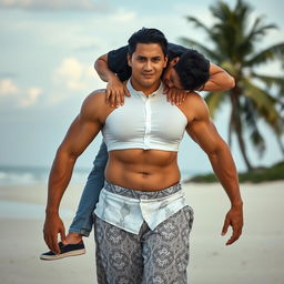 An Indonesian woman with a huge and muscular body, showcasing defined biceps and six-pack abs, is wearing a white button-up tight crop top and low-waist batik cloth