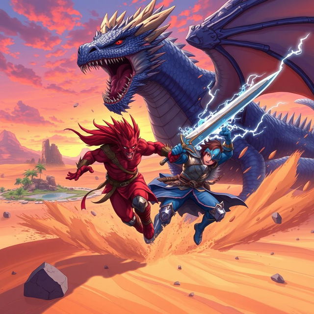 An action-packed anime-style fantasy illustration featuring Drumpak, a fierce red Dragonborn warrior running angrily, showcasing his determination and strength