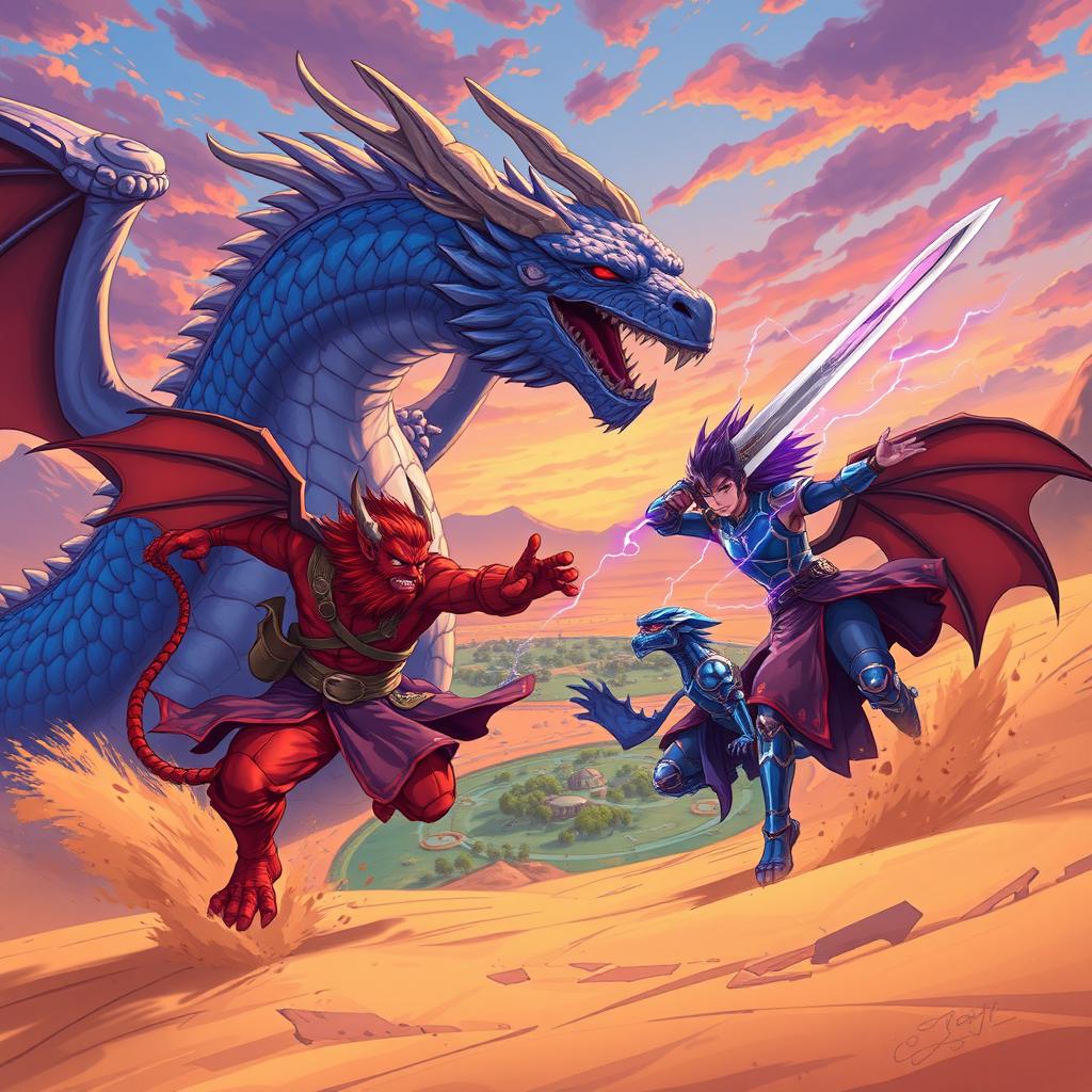 An action-packed anime-style fantasy illustration featuring Drumpak, a fierce red Dragonborn warrior running angrily, showcasing his determination and strength