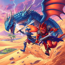An action-packed anime-style fantasy illustration featuring Drumpak, a fierce red Dragonborn warrior running angrily, showcasing his determination and strength