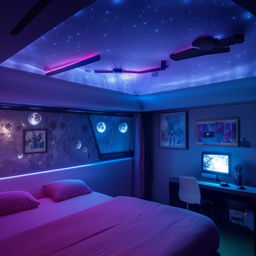 A vibrant room featuring a double bed, a ceiling imitating the moon surface lit with LEDs, dedicated space displaying action figures, a wall adorned with anime posters, in a fresh color scheme.