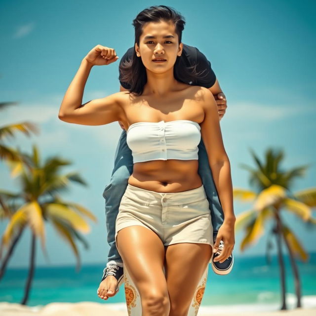 A front-view realistic photograph of an Indonesian woman with a huge and muscular body, showcasing her biceps and six-pack abs