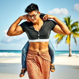 A front-view realistic photograph of an Indonesian woman with a huge and muscular body, showcasing her biceps and six-pack abs
