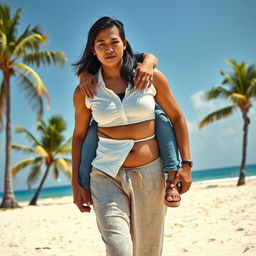 A front-view realistic photograph of an Indonesian woman with a huge and muscular body, showcasing her biceps and six-pack abs