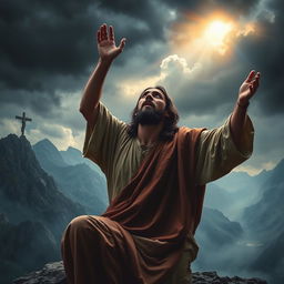 A powerful and emotionally charged scene depicting Jesus Christ praying on a rocky mountain