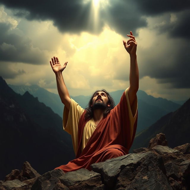 A powerful and emotionally charged scene depicting Jesus Christ praying on a rocky mountain