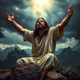 A powerful and emotionally charged scene depicting Jesus Christ praying on a rocky mountain