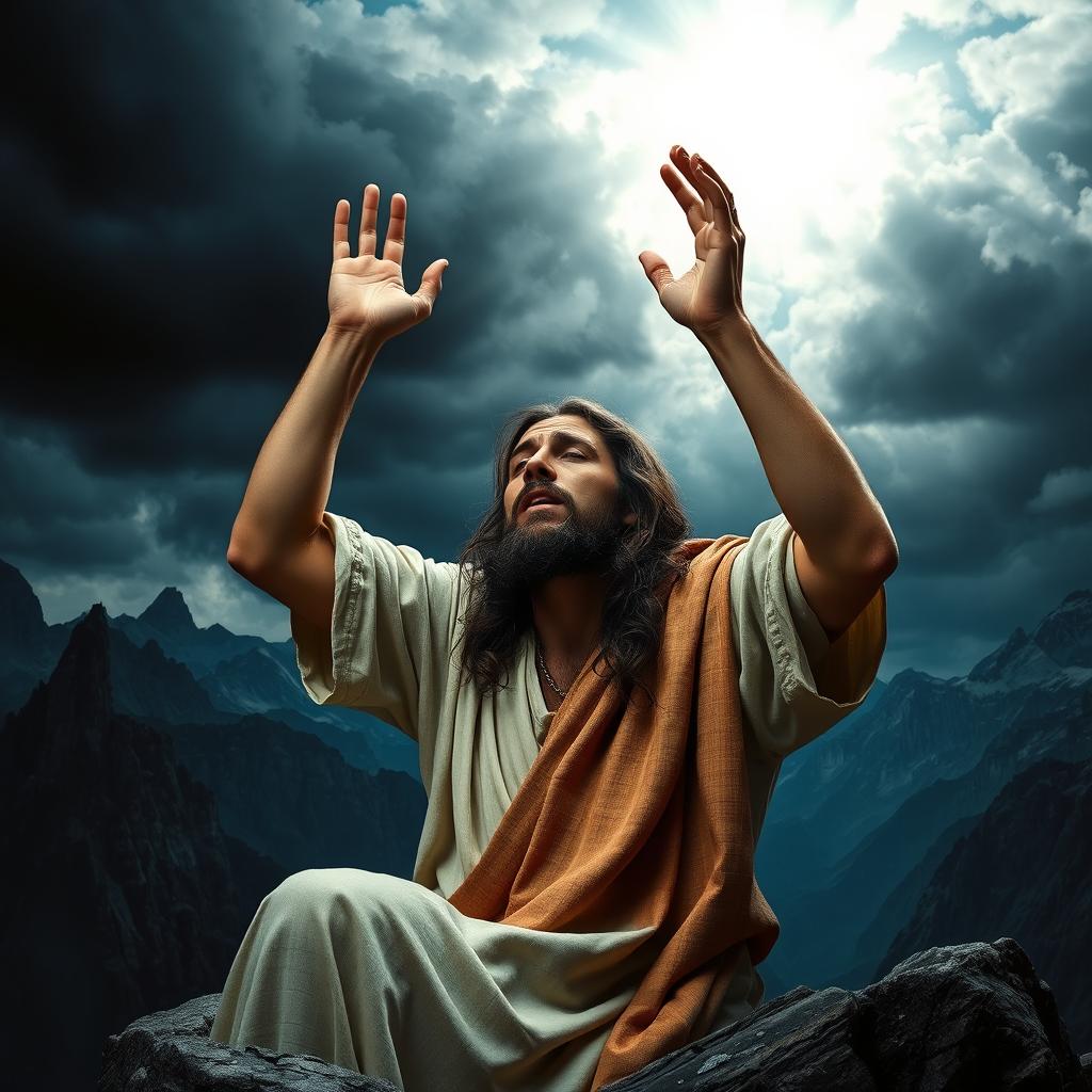 A powerful and emotionally charged scene depicting Jesus Christ praying on a rocky mountain