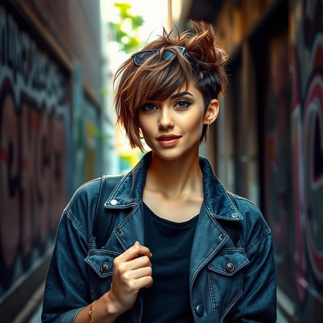 A stylish young woman with a trendy wolf cut hairstyle, featuring choppy layers and textured bangs