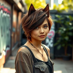 A stylish young woman with a trendy wolf cut hairstyle, featuring choppy layers and textured bangs