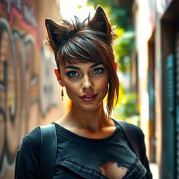 A stylish young woman with a trendy wolf cut hairstyle, featuring choppy layers and textured bangs