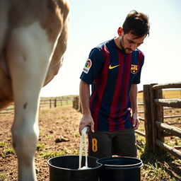 Lionel Messi stands on a sunny farm, slightly tilting forward as he carefully milks a cow by hand, dressed fully in his Barcelona football uniform