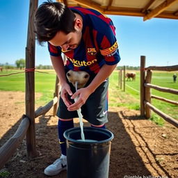 Lionel Messi stands on a sunny farm, slightly tilting forward as he carefully milks a cow by hand, dressed fully in his Barcelona football uniform