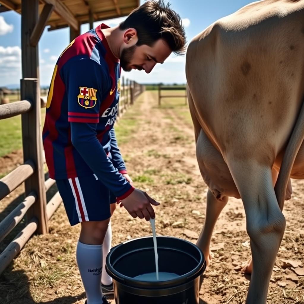 Lionel Messi stands on a sunny farm, slightly tilting forward as he carefully milks a cow by hand, dressed fully in his Barcelona football uniform