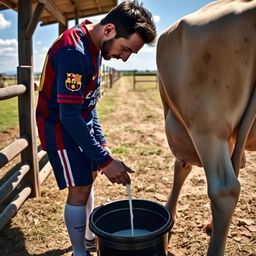 Lionel Messi stands on a sunny farm, slightly tilting forward as he carefully milks a cow by hand, dressed fully in his Barcelona football uniform