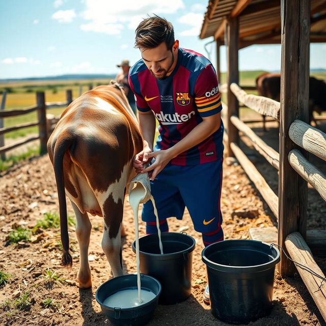 Lionel Messi stands on a sunny farm, slightly tilting forward as he carefully milks a cow by hand, dressed fully in his Barcelona football uniform