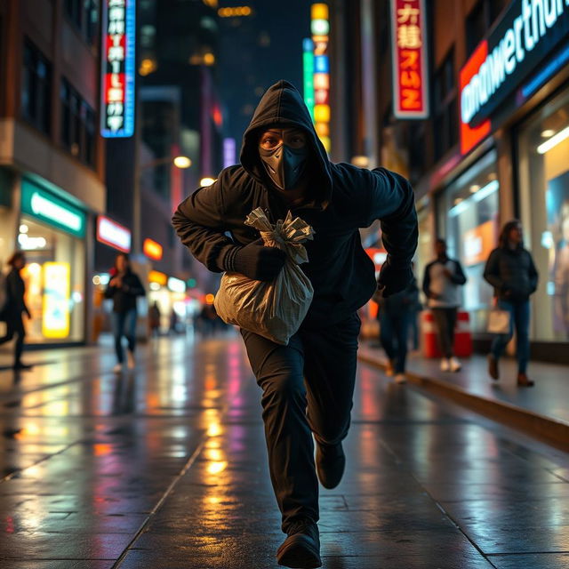 A dynamic scene depicting a running robber, dressed in dark clothing and a ski mask, sprinting through a bustling urban street at night