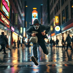 A dynamic scene depicting a running robber, dressed in dark clothing and a ski mask, sprinting through a bustling urban street at night
