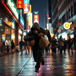 A dynamic scene depicting a running robber, dressed in dark clothing and a ski mask, sprinting through a bustling urban street at night